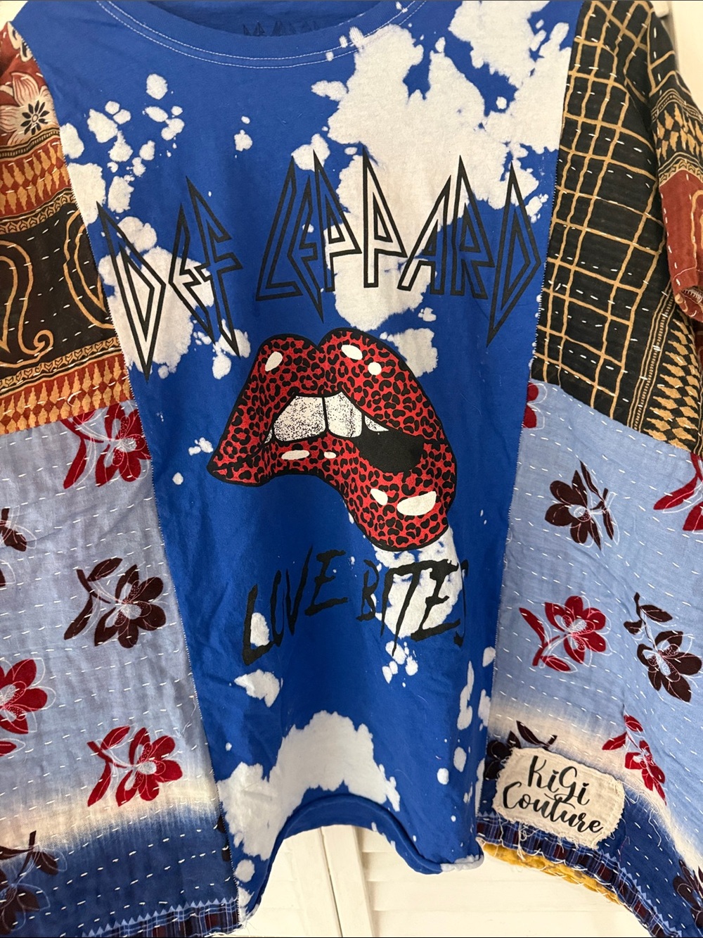 Women's Blue Def Leppard 'Love Bite' Graphic Tee Kantha upcycle